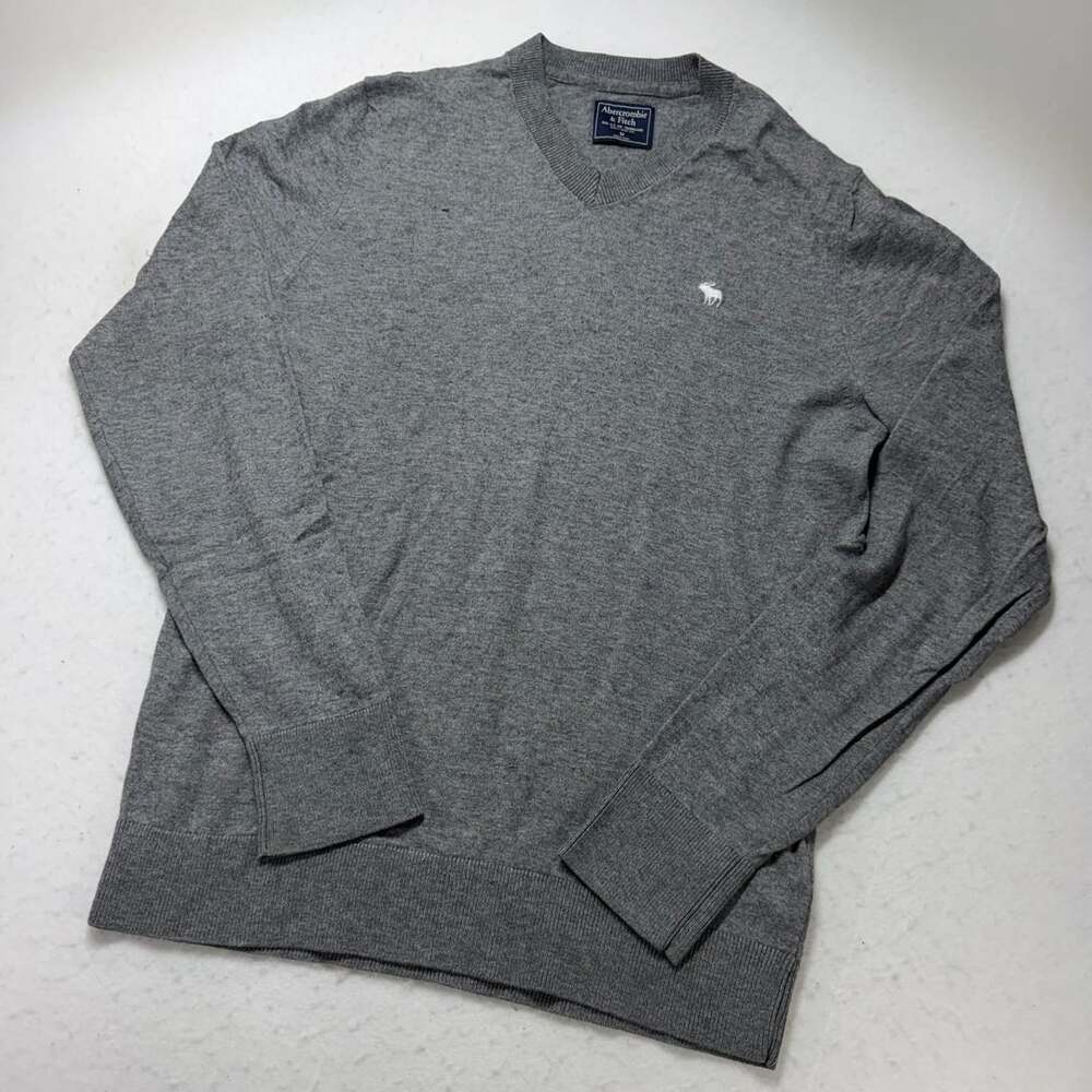 Abercrombie & Fitch Men's Gray V-Neck Long Sleeve Sweater Size M Moose Logo